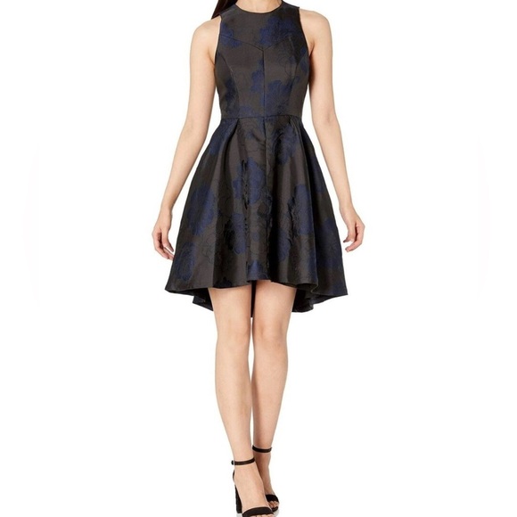 Halston Heritage Navy Floral Jacquard Fit & Flare Pleated Mini Dress Size 4 - Picture 2 of 16